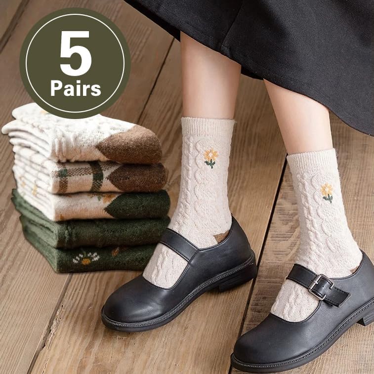 MarJunSep Wool Fall Boot Socks Women Teen Girls Thick Knit Vintage Cute Floral Cottage Core Boho Winter Warm Crew Socks - Image 2